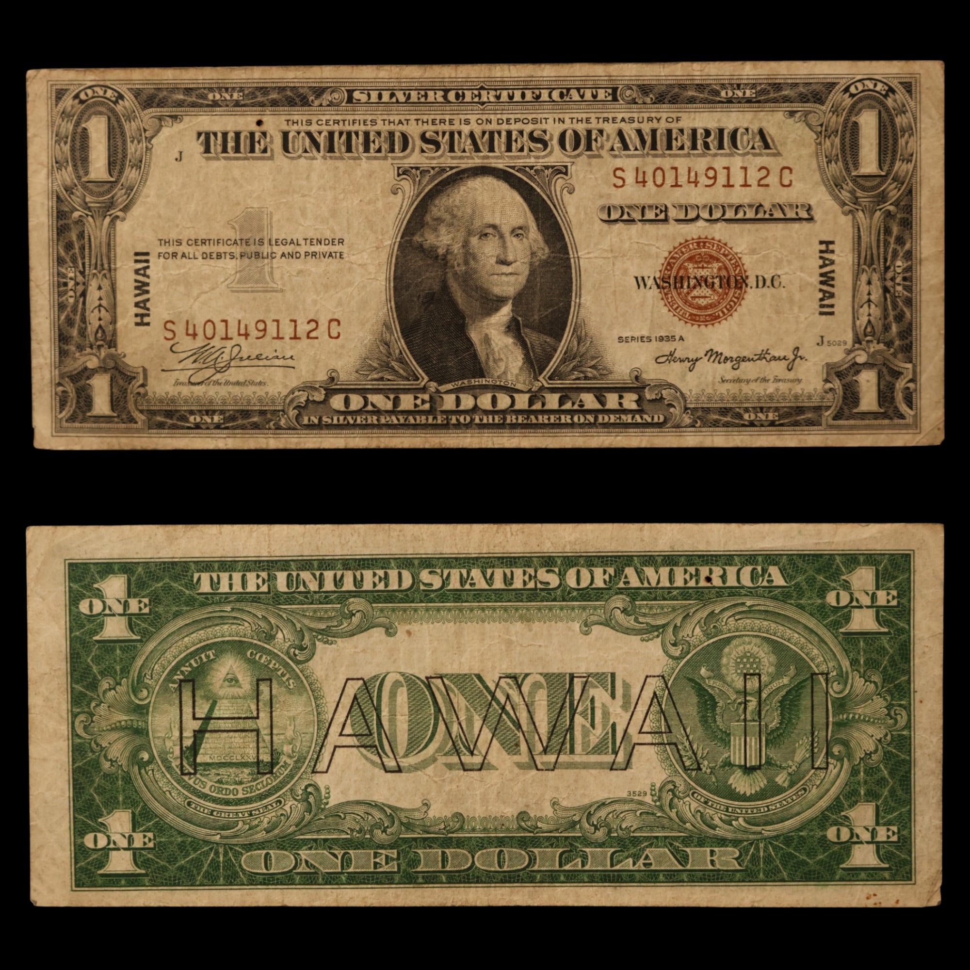 $1 U.S. Silver Certificate, Hawaii Overprint Note - 1942 to 1944 - World War II