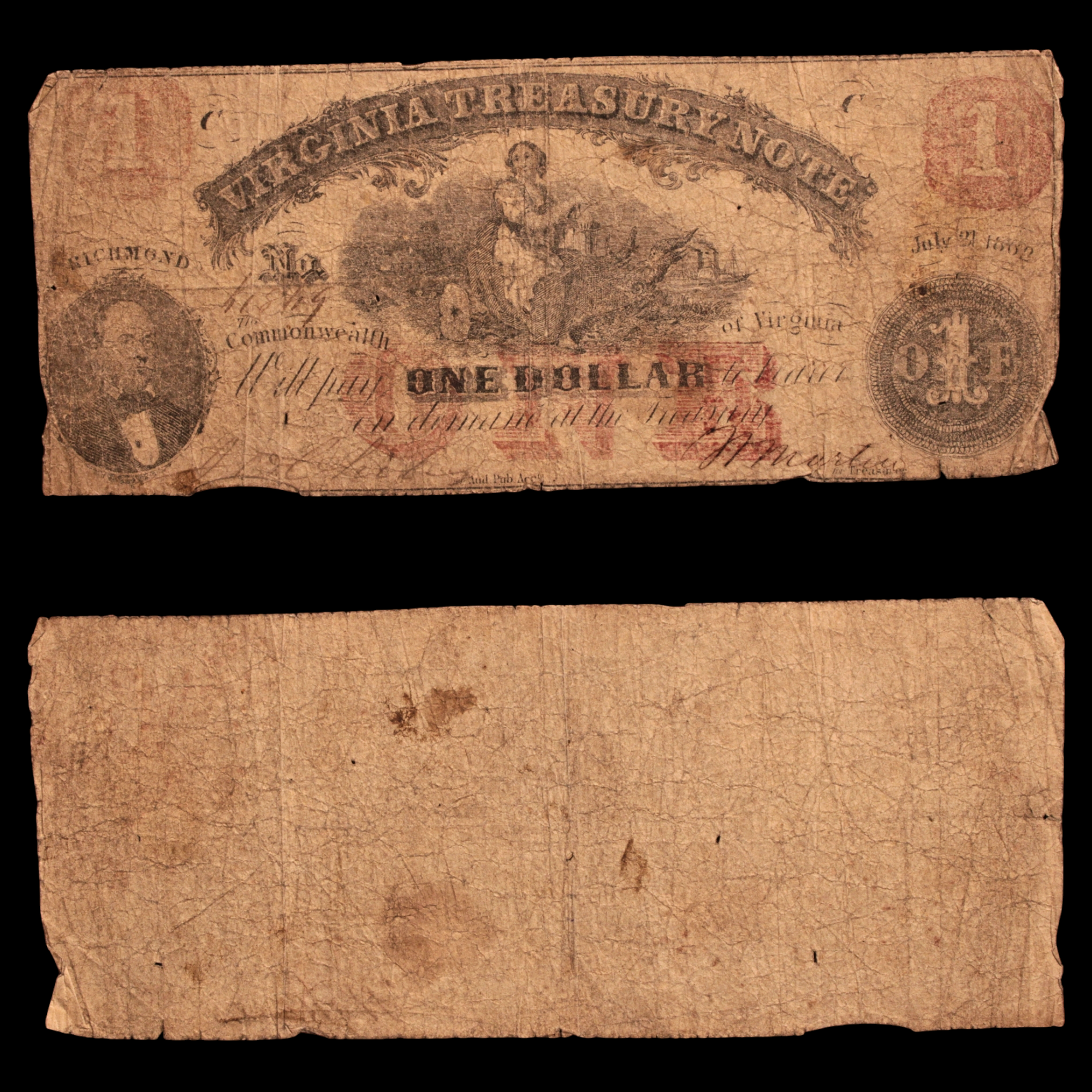 Confederate States, Virginia Treasury $1 Note - 1862 - American Civil War