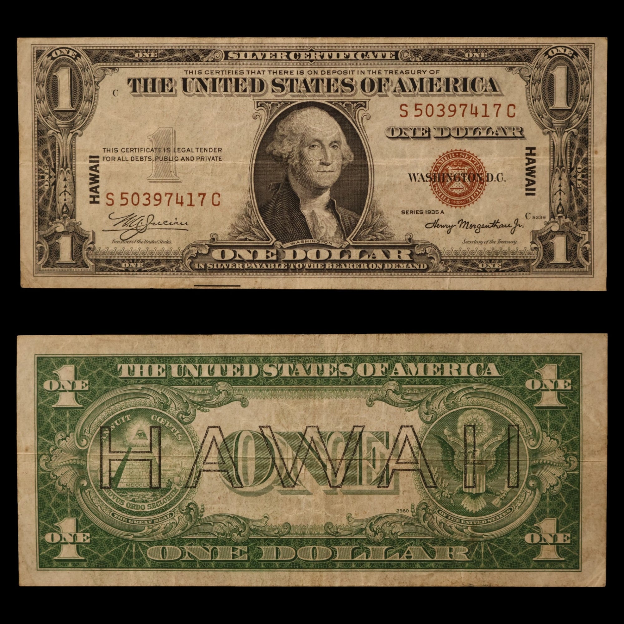 $1 U.S. Silver Certificate, Hawaii Overprint Note - 1942 to 1944 - World War II