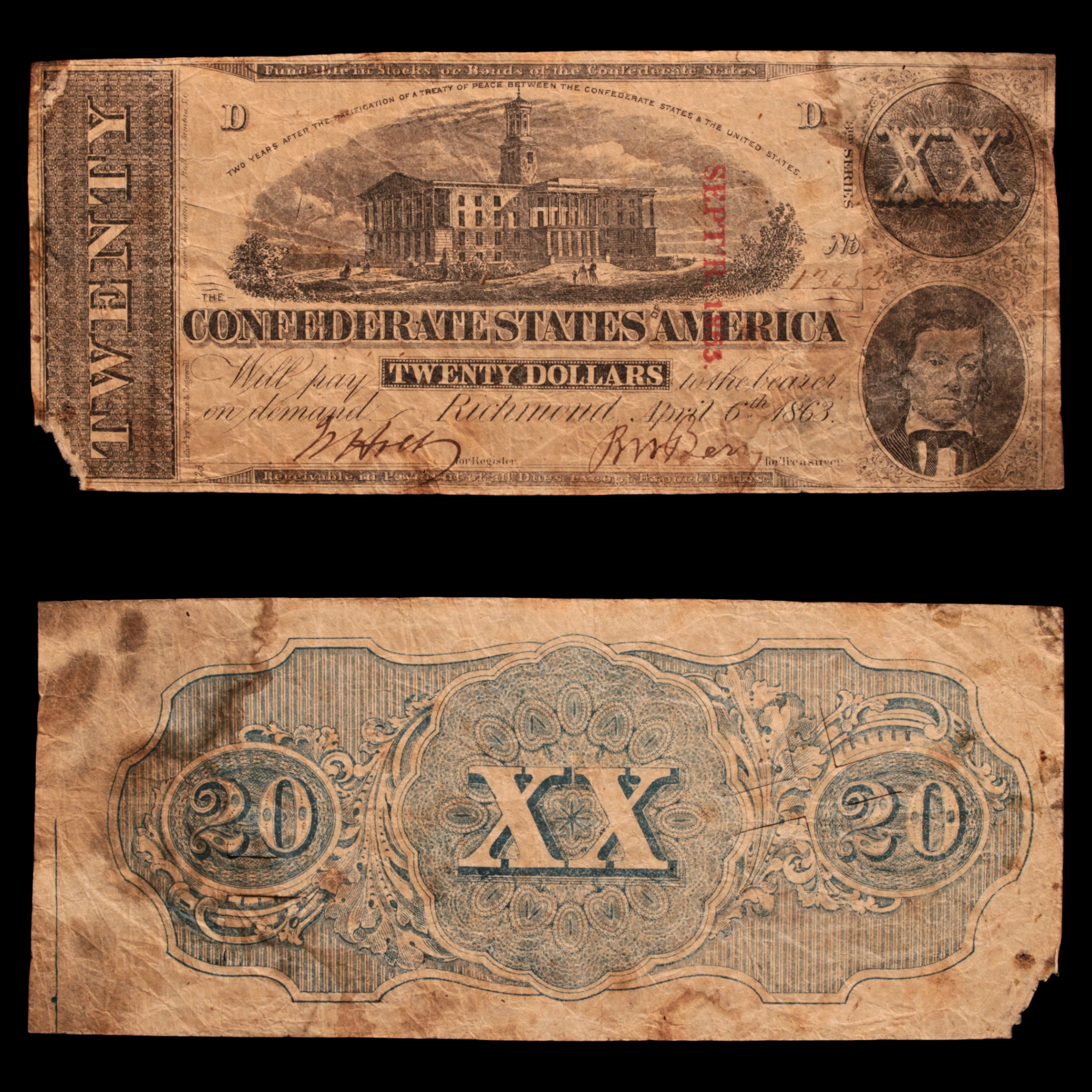 Confederate States of America, $20 Note - 1863 - American Civil War