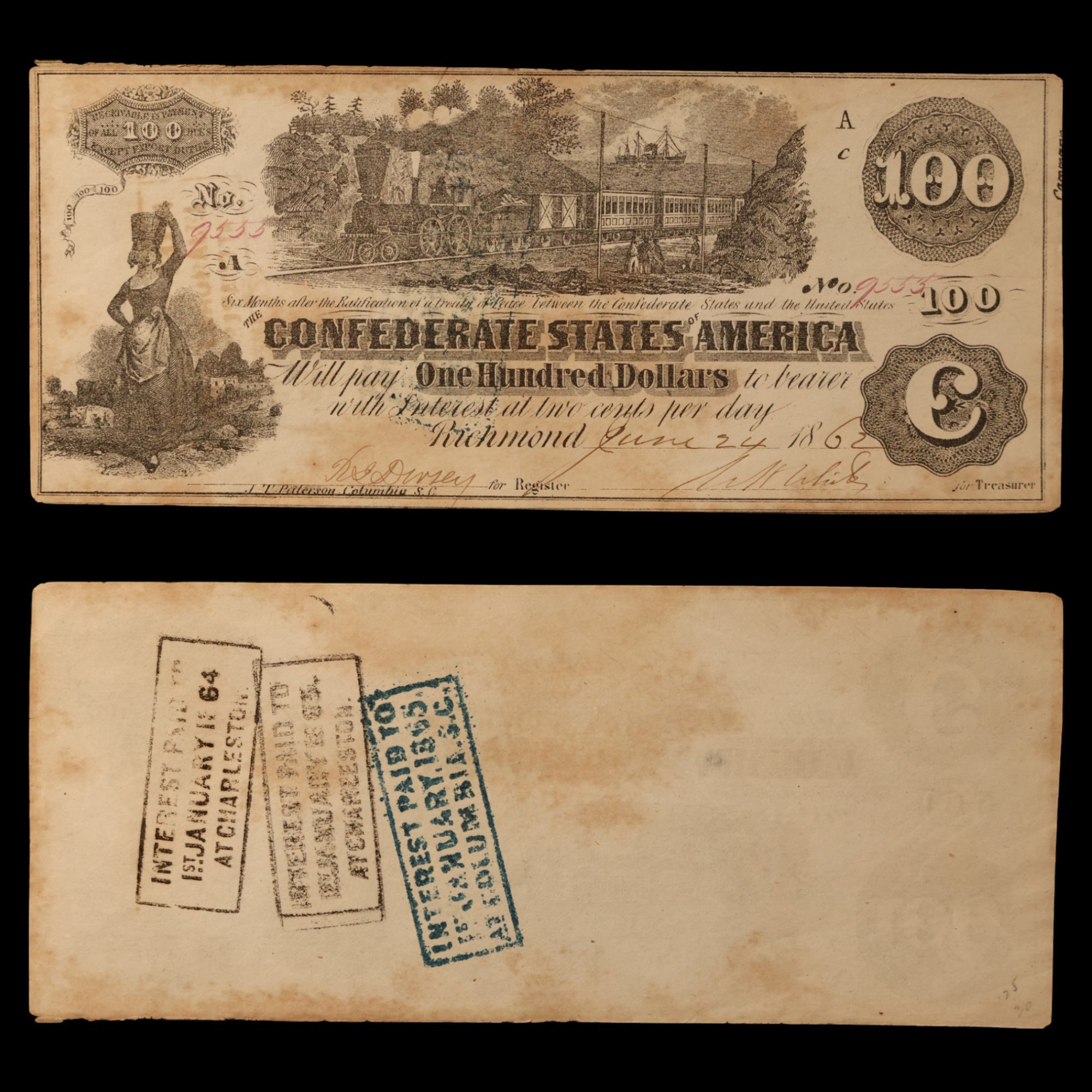 Confederate States of America, $100 Note - June 24th, 1862 - American Civil War