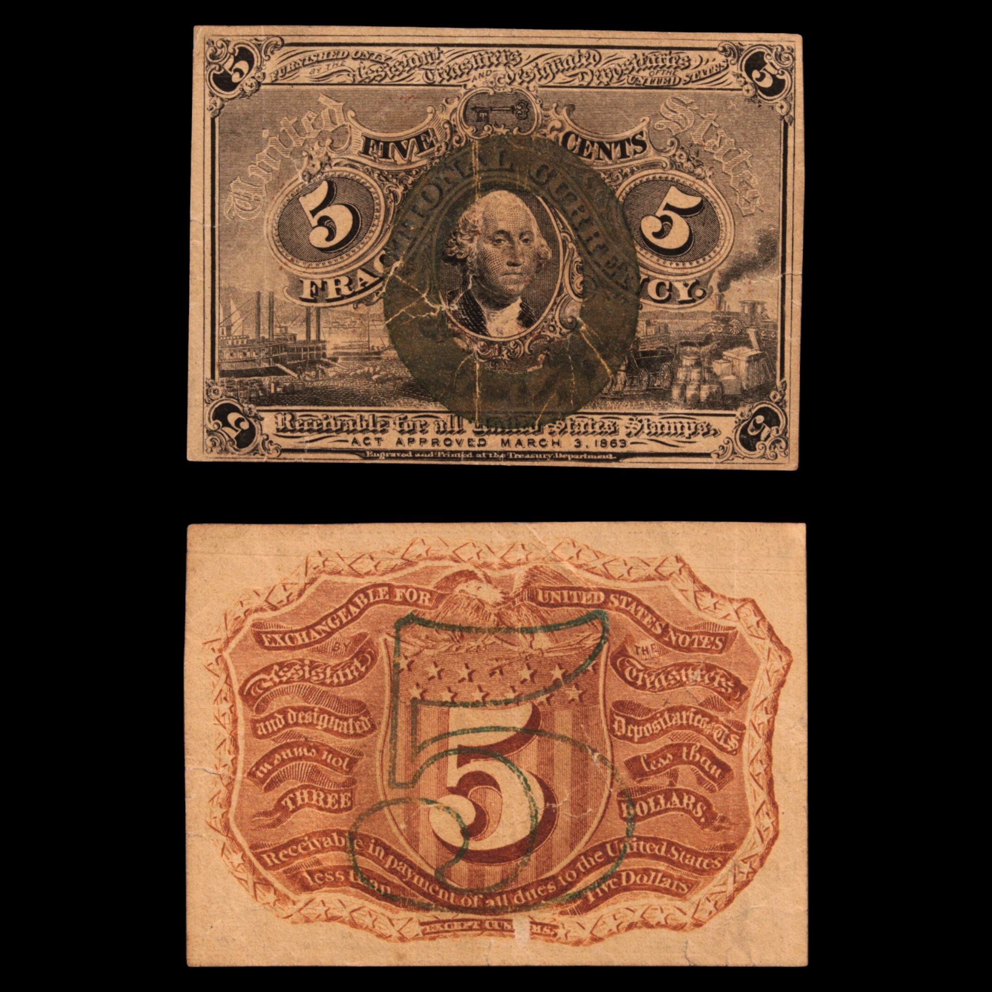 U.S. Fractional Currency, 5¢ Note, Second Issue - 1863 to 1867 - American Civil War