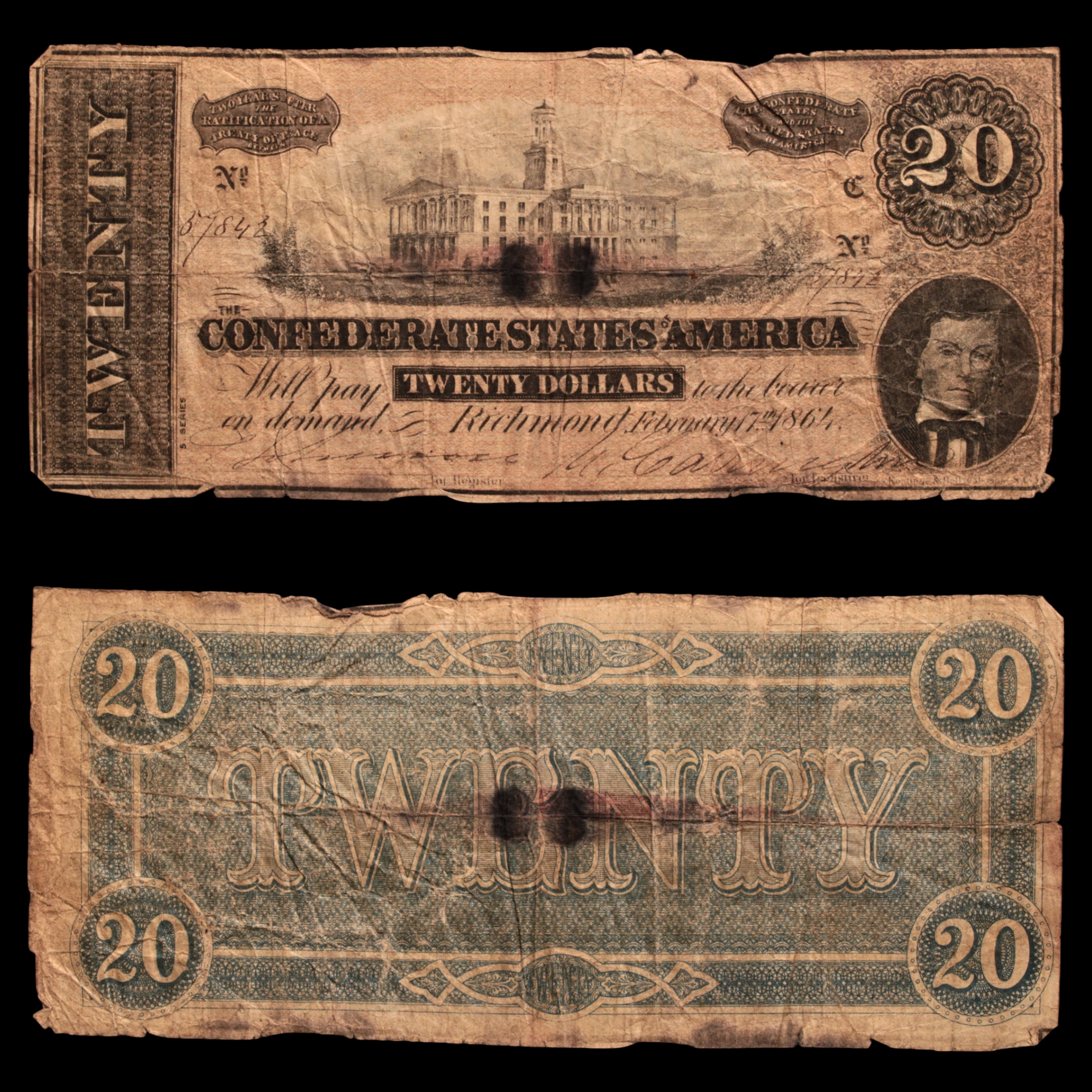 Confederate States of America, $20 Note - 1864 - American Civil War