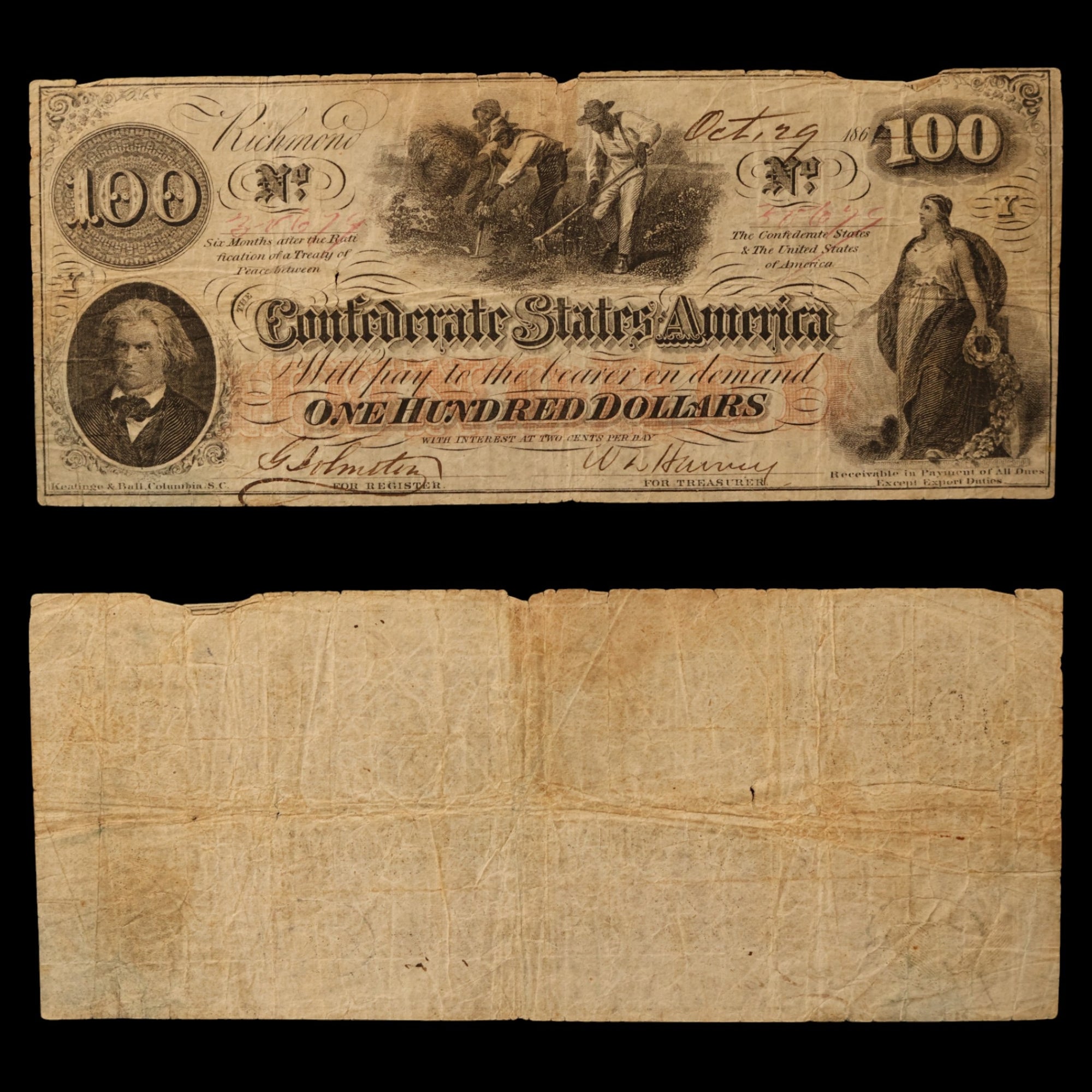 Confederate States of America, $100 Note - Oct. 29th, 1862 - American Civil War