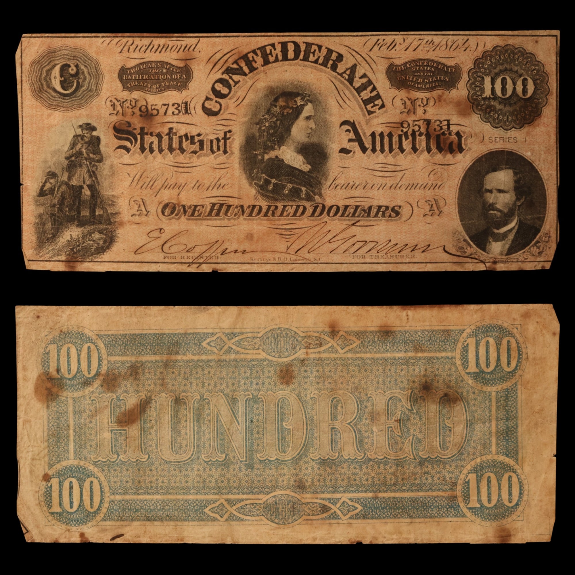 Confederate States of America, $100 Note - Feb. 17th, 1864 - American Civil War