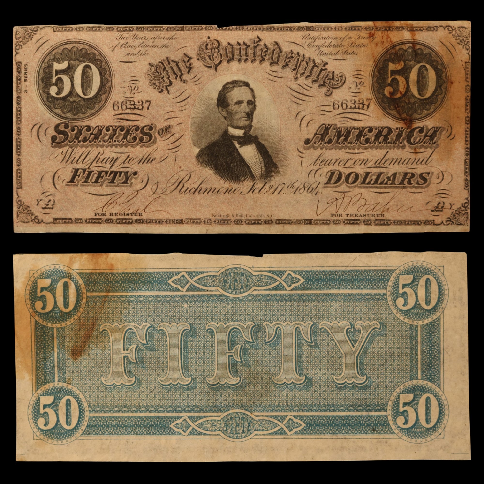 Confederate States of America, $50 Note - Feb. 17th, 1864 - American Civil War