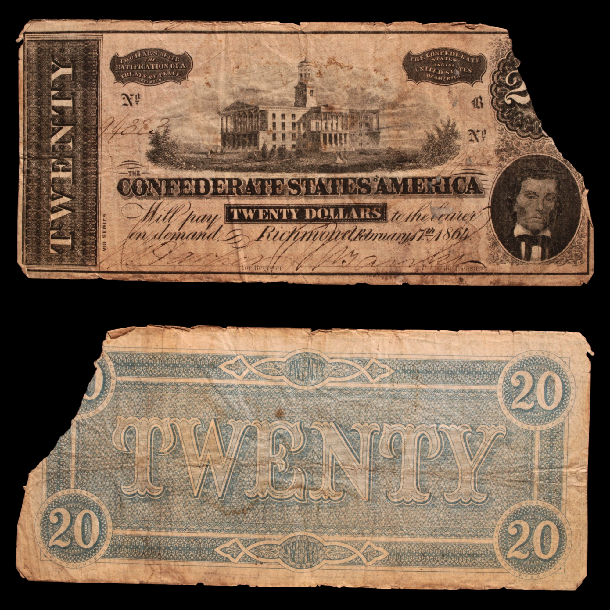 Confederate States of America, $20 Note - 1864 - American Civil War