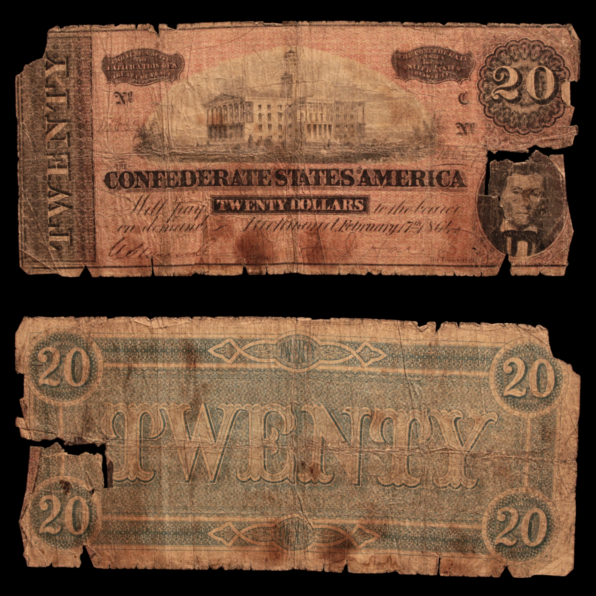 Confederate States of America, $20 Note - 1864 - American Civil War