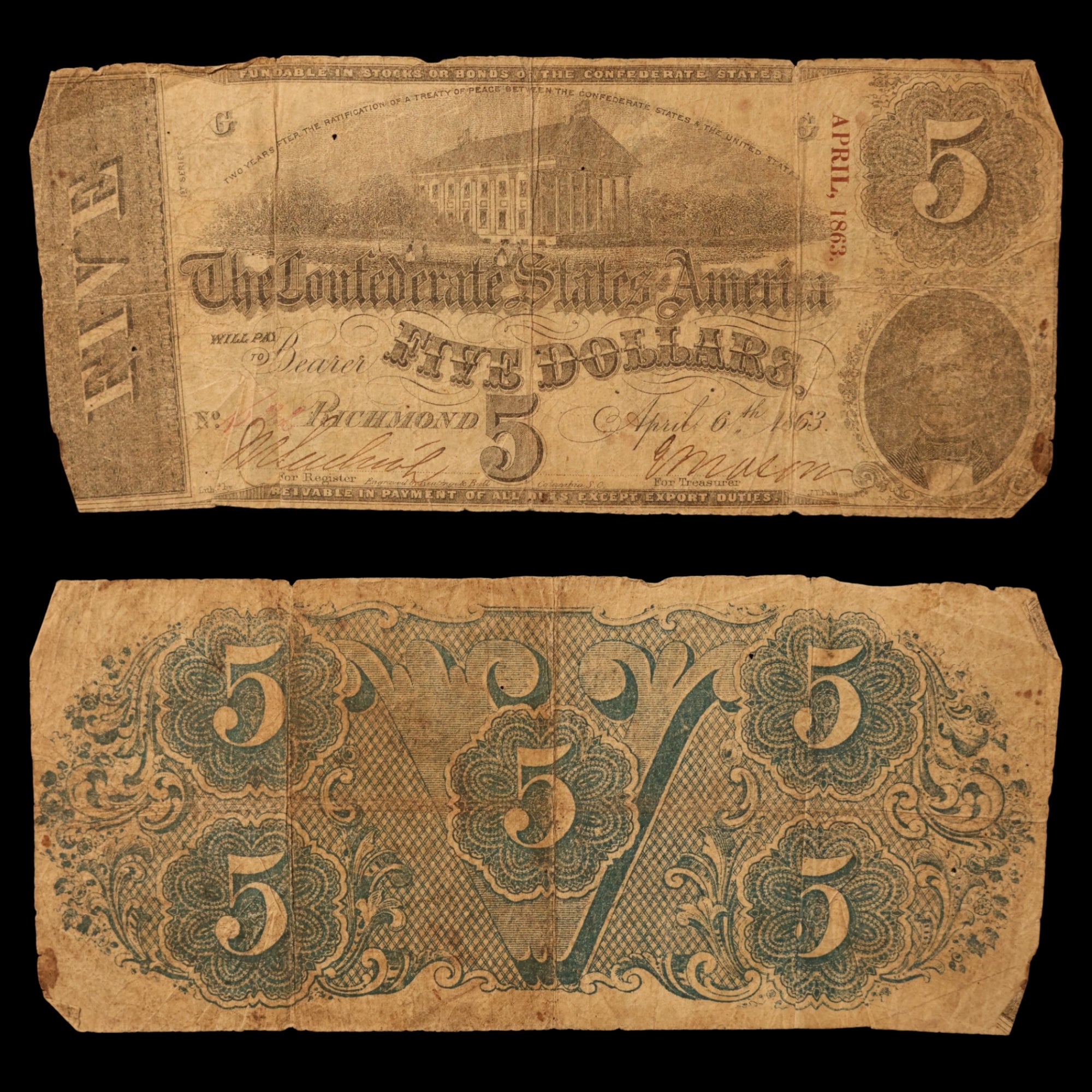 Confederate States of America, $5 Note - April 6th, 1863 - American Civil War