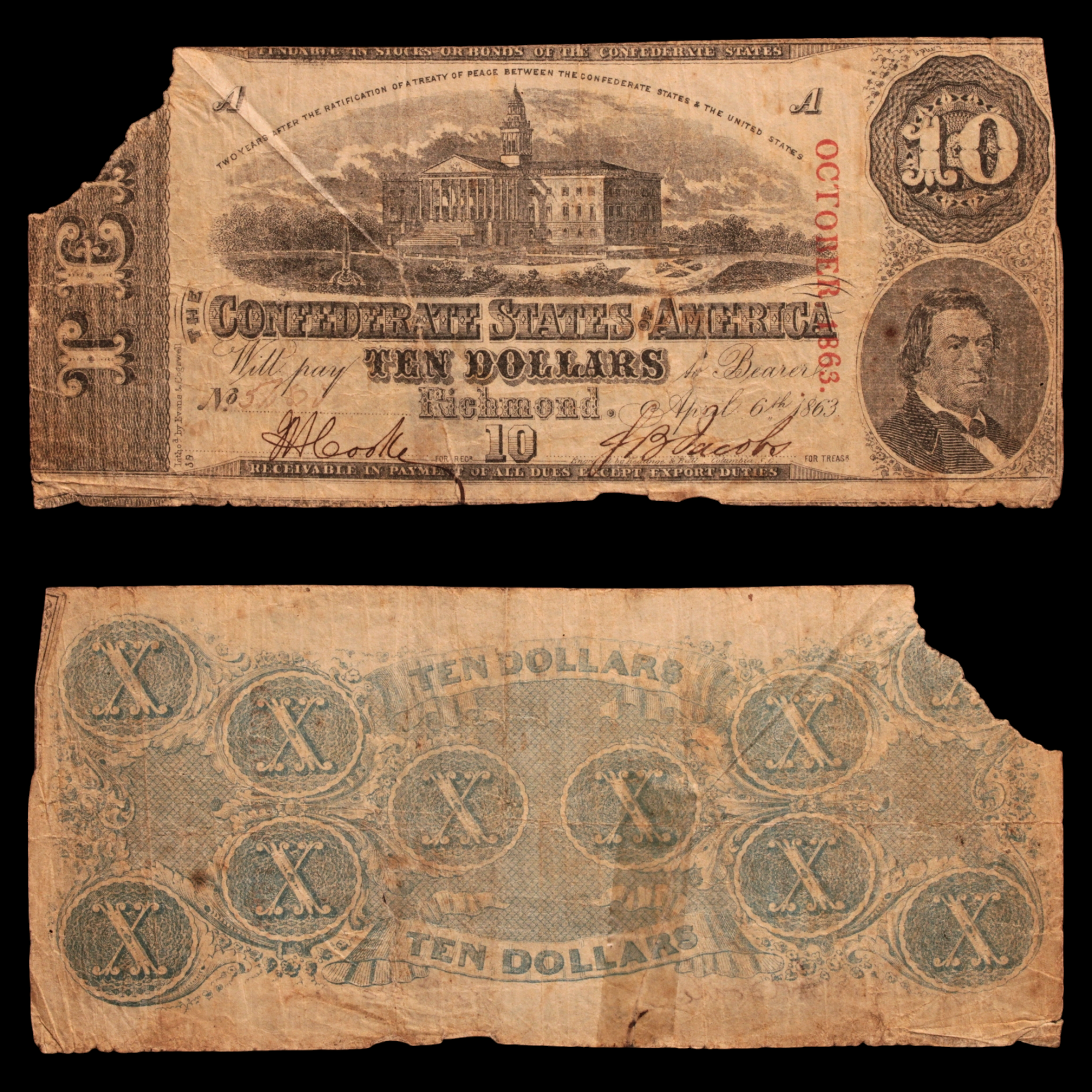 Confederate States of America, $10 Note - 1863 - American Civil War