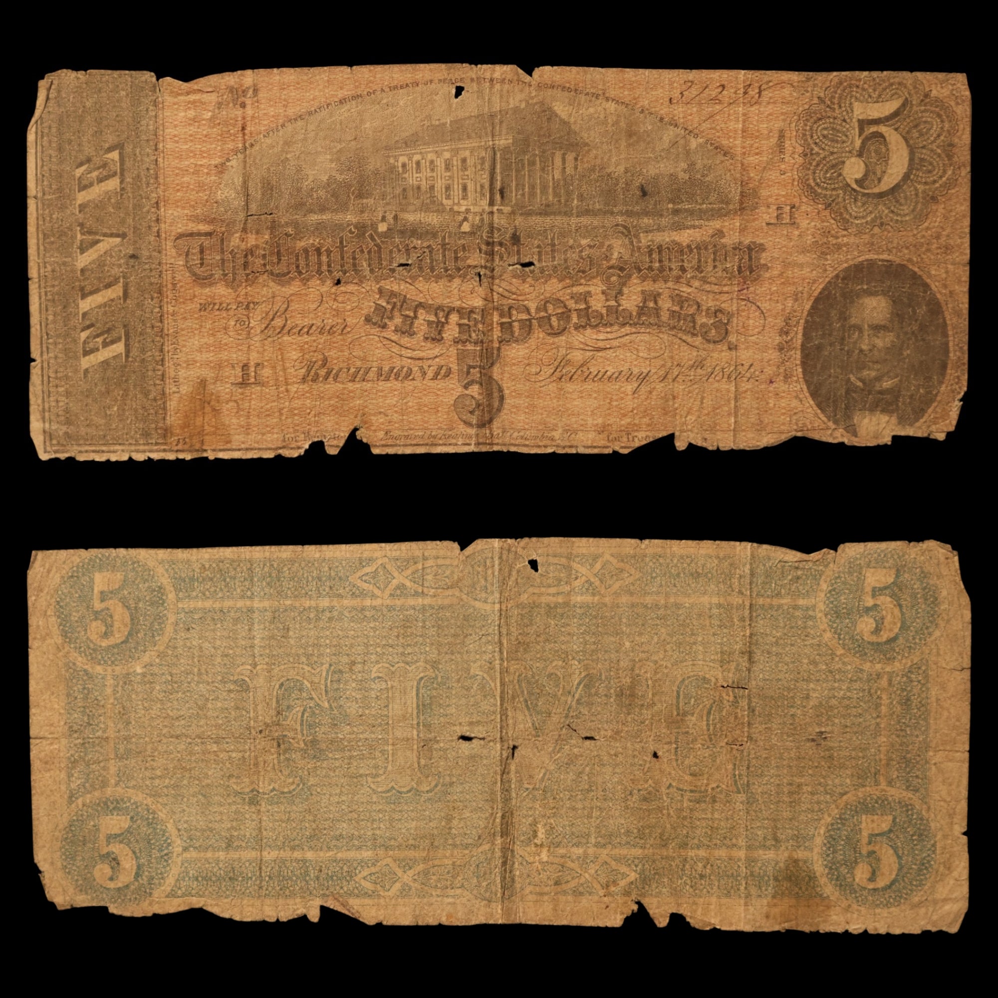 Confederate States of America, $5 Note - February 17th, 1864 - American Civil War