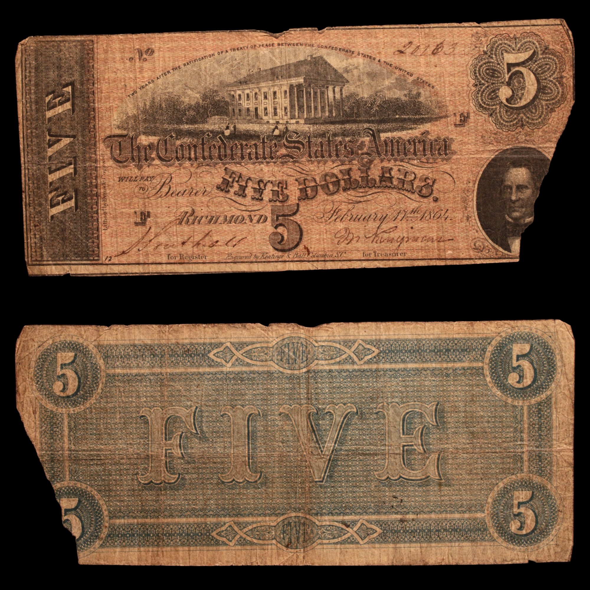 Confederate States of America, $5 Note - 1864 - American Civil War