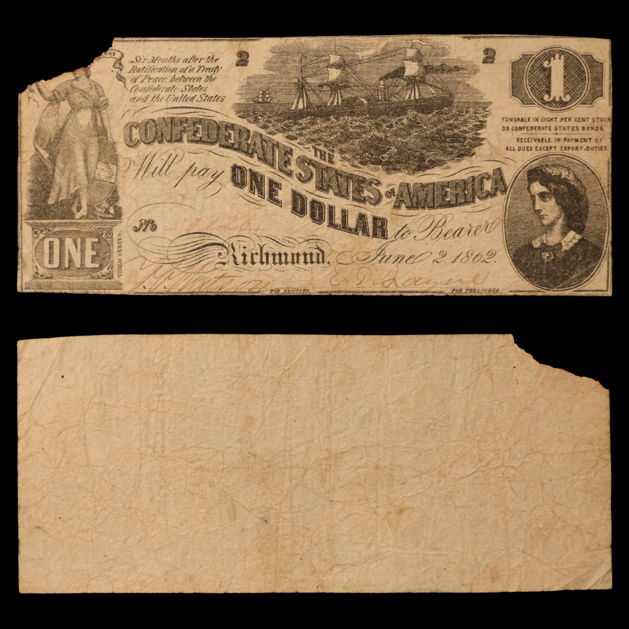 Confederate States of America, $1 Note - June 2nd, 1862 - American Civil War