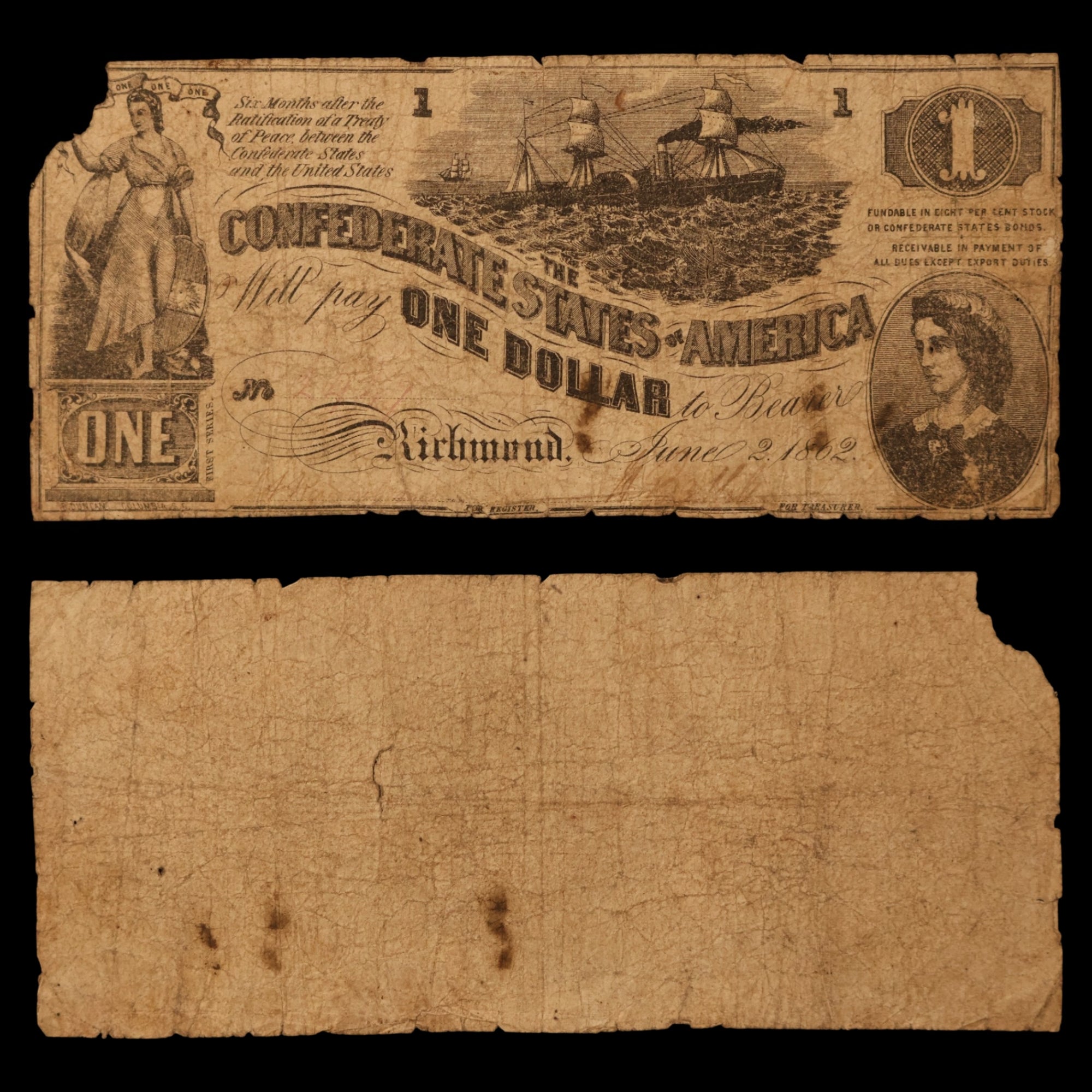 Confederate States of America, $1 Note - June 2nd, 1862 - American Civil War