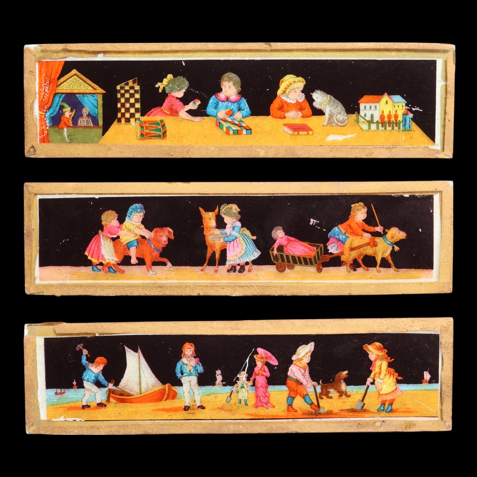 Group of 3 High Quality Magic Lantern Slides, Scenes of Children Playing - Late 1800s