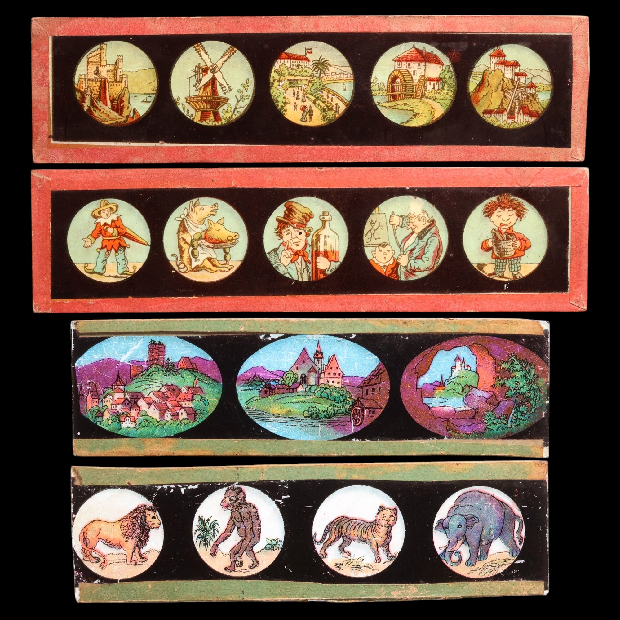 Group of 4 High Quality Magic Lantern Slides, Various Round Images - Late 1800s