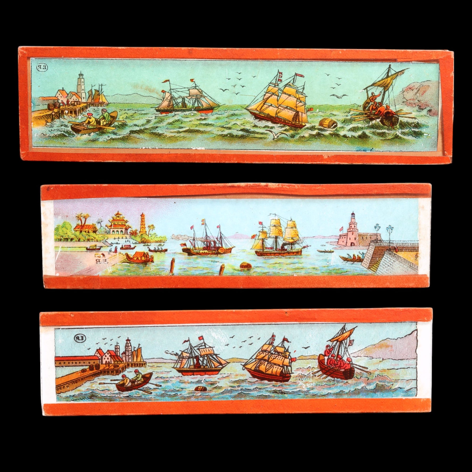 Group of 3 High Quality Magic Lantern Slides, Scenes of Ships Sailing - Late 1800s