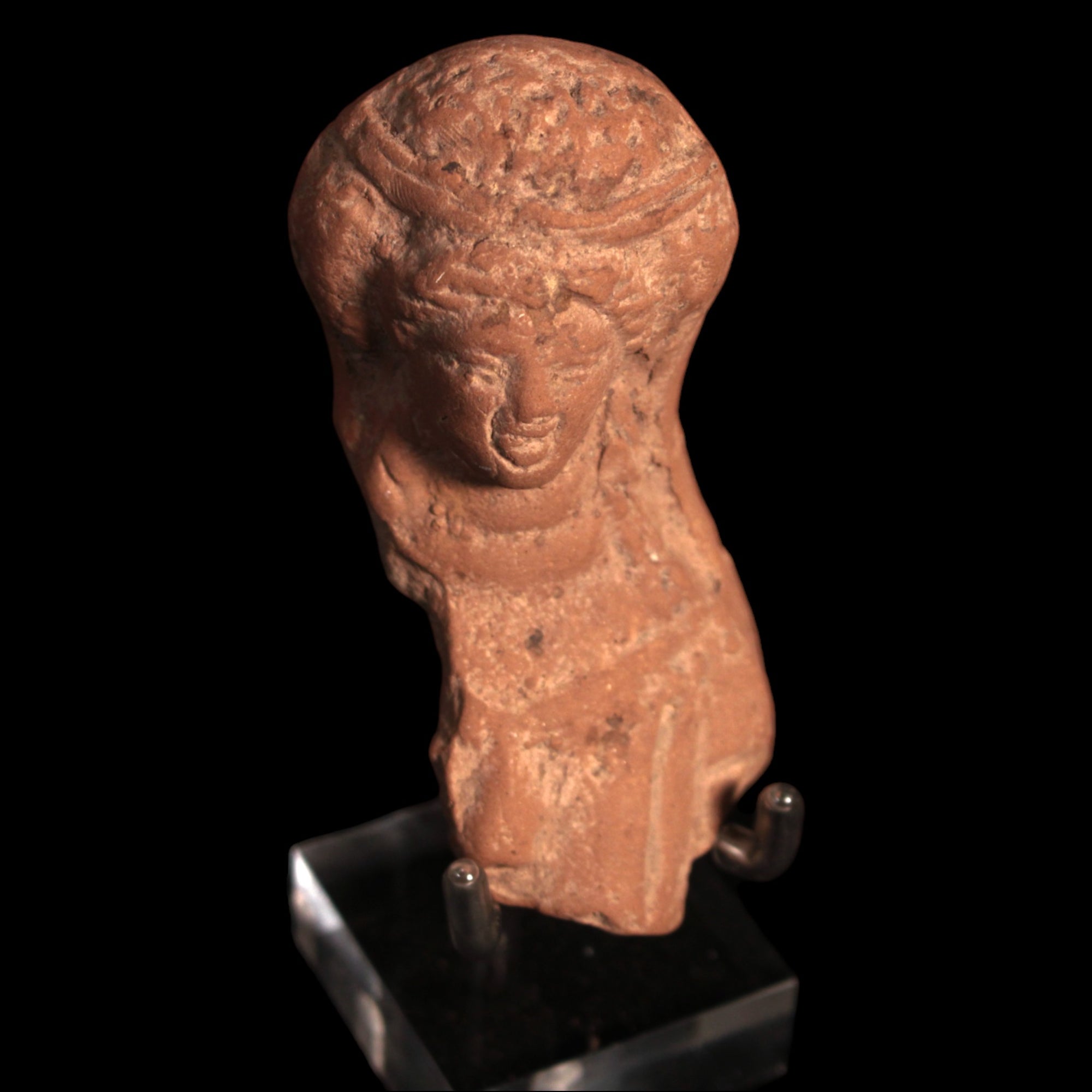 Roman Terracotta Statue Fragment, Bust of a Woman Wearing a Tunic (3.4 x 1.5 inches) - c. 1st to 2nd century CE - Roman Empire