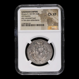 Persia, Sasanian Empire, Khusru II, Drachm (Ch XF) - 591 to 628 CE - NGC Certified