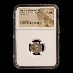 Greco-Bactria, King Menander, Silver Drachm (Ch VF) - c. 165 to 130 BCE - NGC Certified