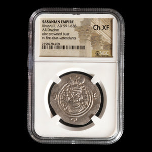 Persia, Sasanian Empire, Khusru II, Drachm (Ch XF) - 591 to 628 CE - NGC Certified