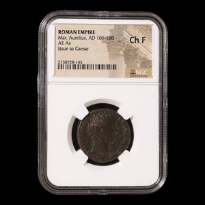 Rome, Marcus Aurelius, Bronze As, Priestly Emblems - 140 to 144 CE - NGC Certified (Ch F)