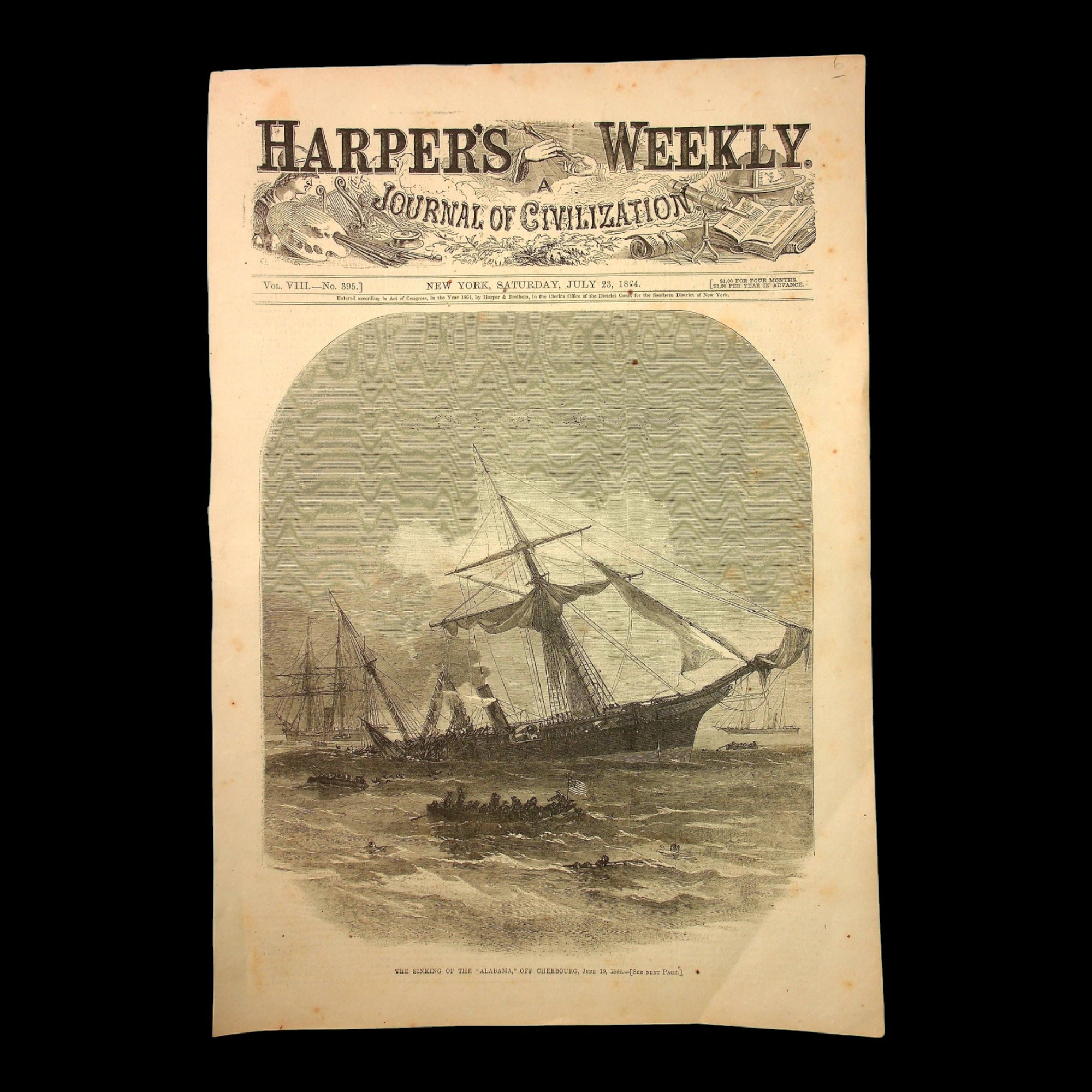 The Sinking of the Alabama, Cover Page of Harper's Weekly - July 23rd, 1864 - U.S. Civil War