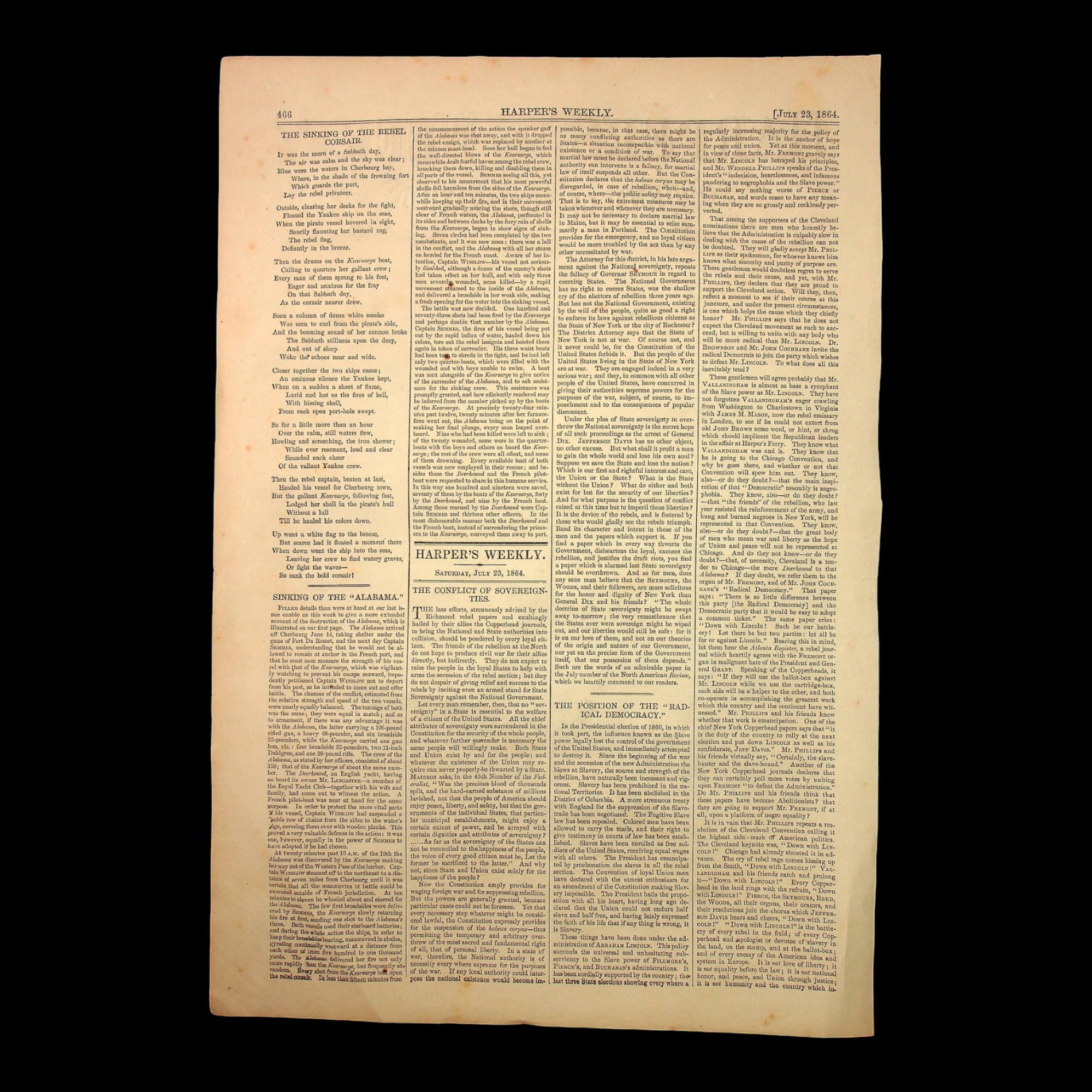 The Sinking of the Alabama, Cover Page of Harper's Weekly - July 23rd, 1864 - U.S. Civil War